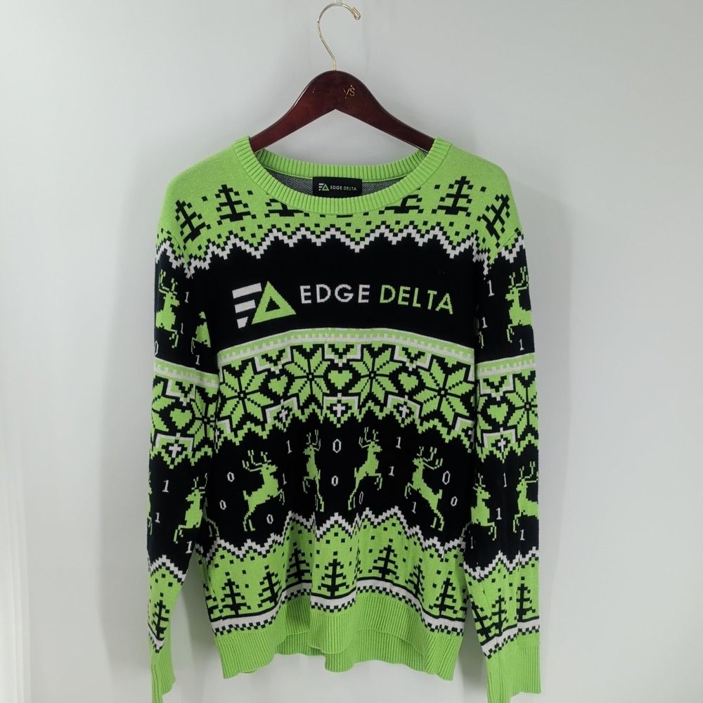 Edge Delta Reindeer All Over Crew Neck Pullover Sweater‎ Neon Green Black Size L